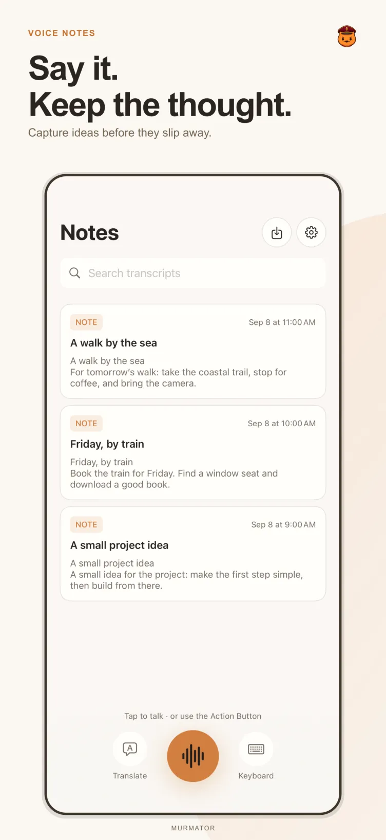 Murmator notes screen