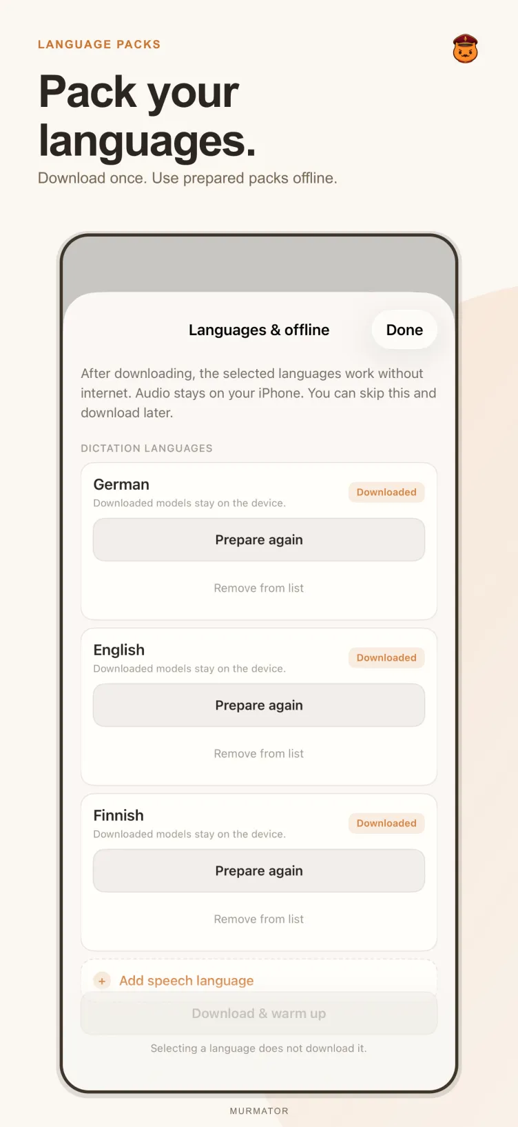 Murmator language packs screen