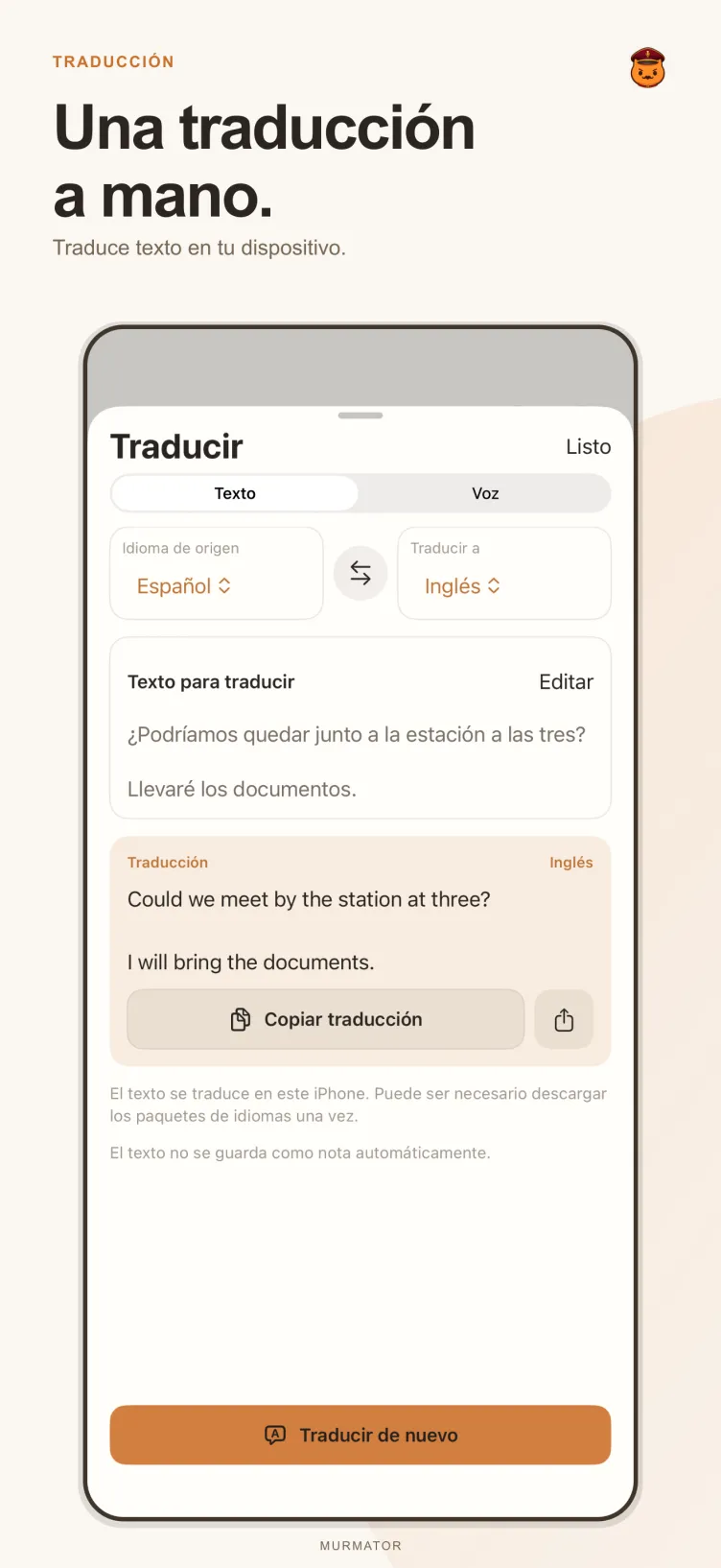 Pantalla de traducción de Murmator
