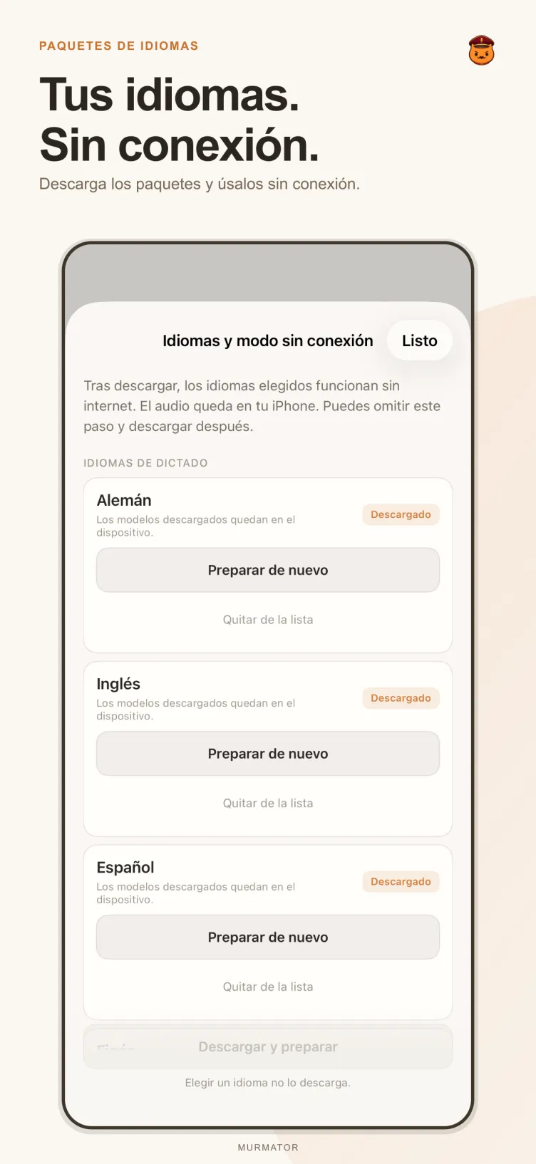 Pantalla de paquetes de idiomas de Murmator