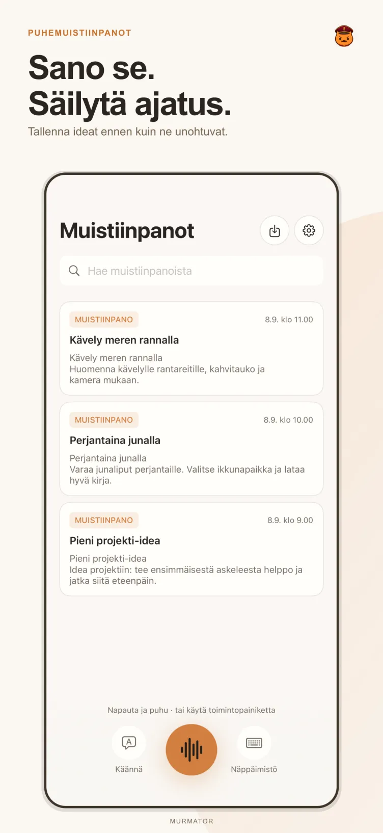 Murmatorin muistiinpanonäkymä