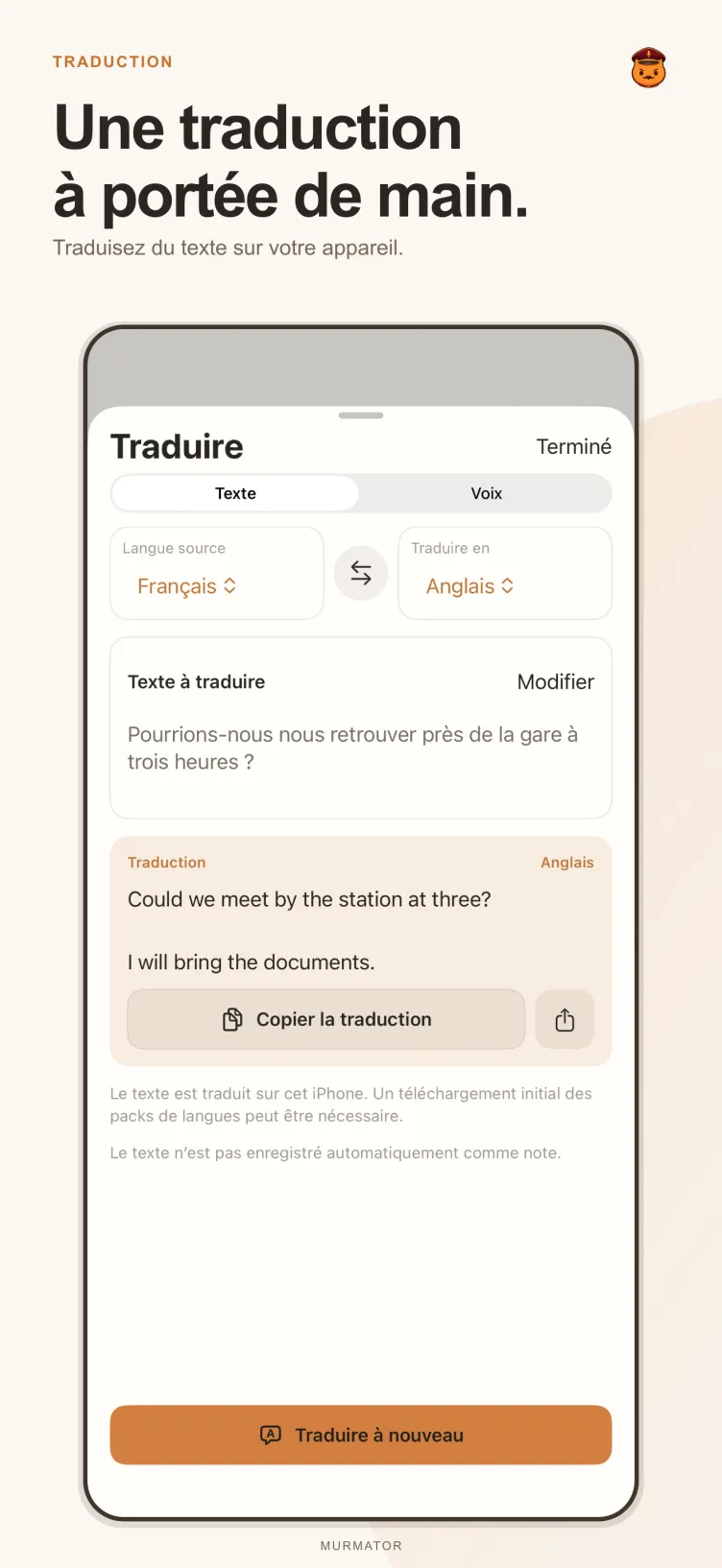 Écran de traduction de Murmator
