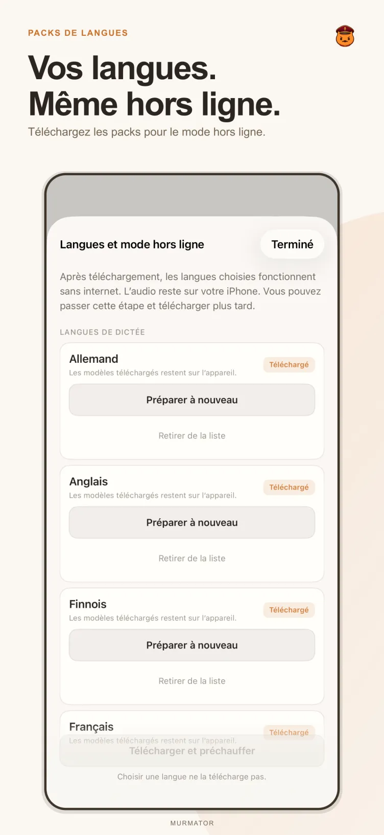Écran des packs de langues de Murmator